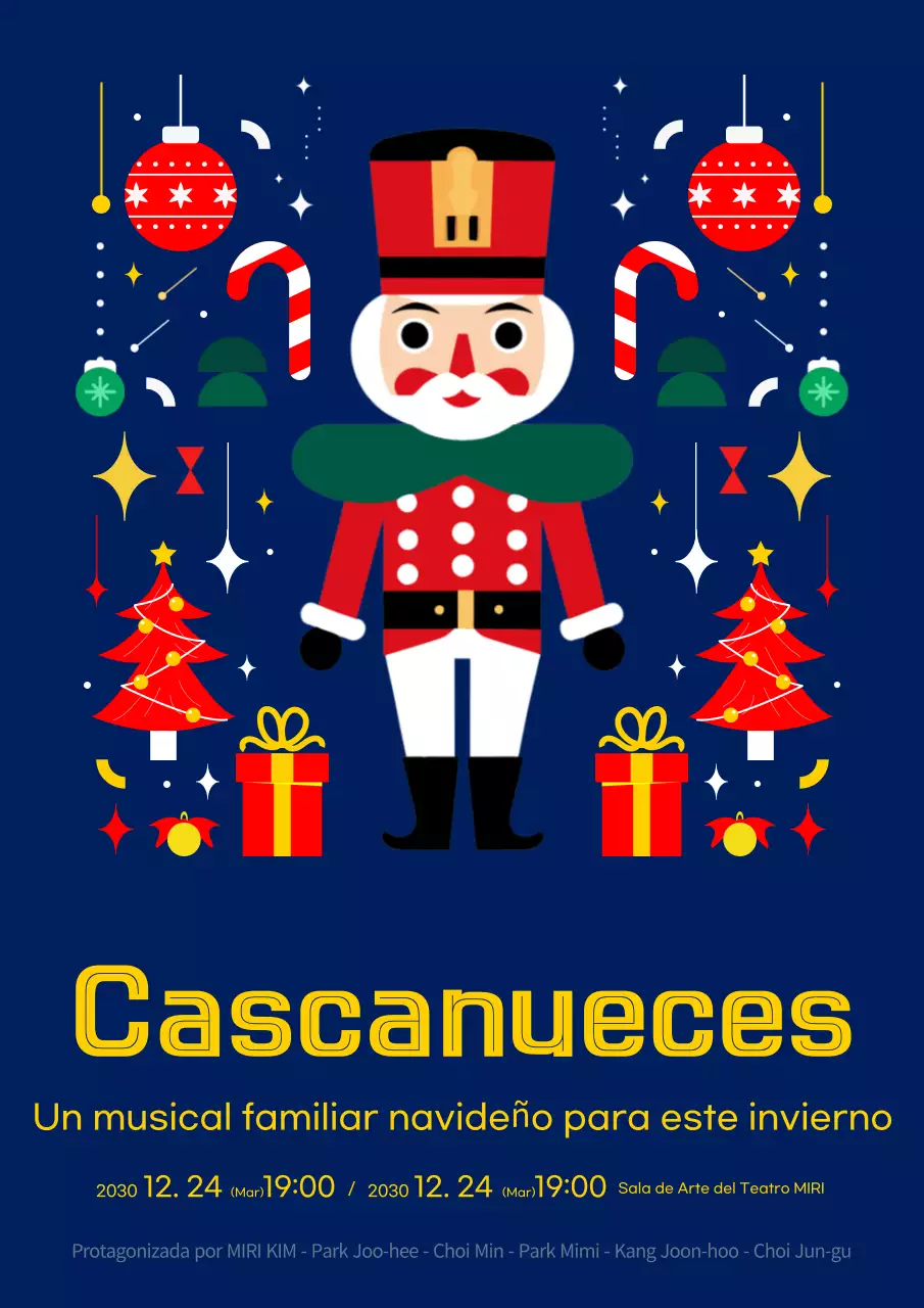 Un anuncio en azul marino y amarillo del musical El Cascanueces
