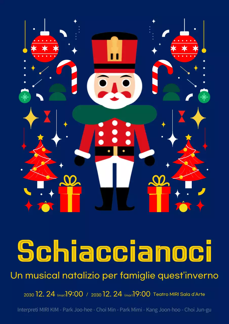 Una pubblicità blu navy e gialla per il musical Lo Schiaccianoci