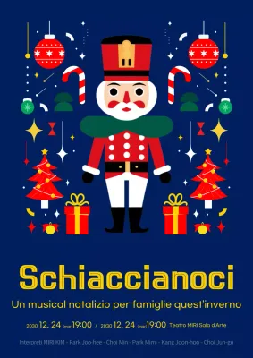 Una pubblicità blu navy e gialla per il musical Lo Schiaccianoci
