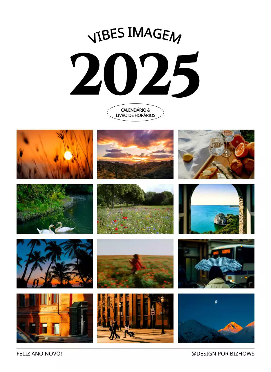 Calendário de parede de estilo simples com conceito de fotografia de viagem emocional a preto e branco