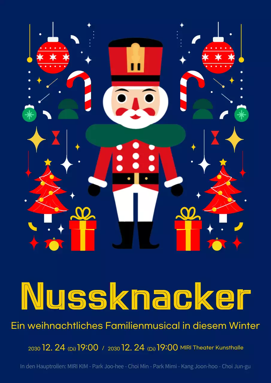 Eine marineblaue und gelbe Anzeige für das Musical Der Nussknacker