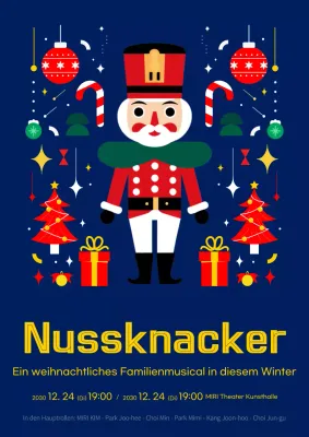 Eine marineblaue und gelbe Anzeige für das Musical Der Nussknacker