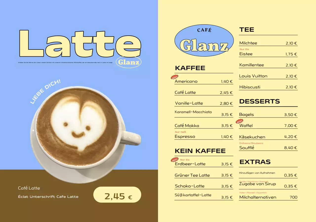 Blaue moderne Café-Menütafel