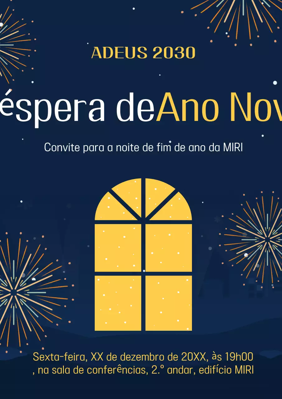 Promover um evento simples de Ano Novo em azul-marinho e amarelo