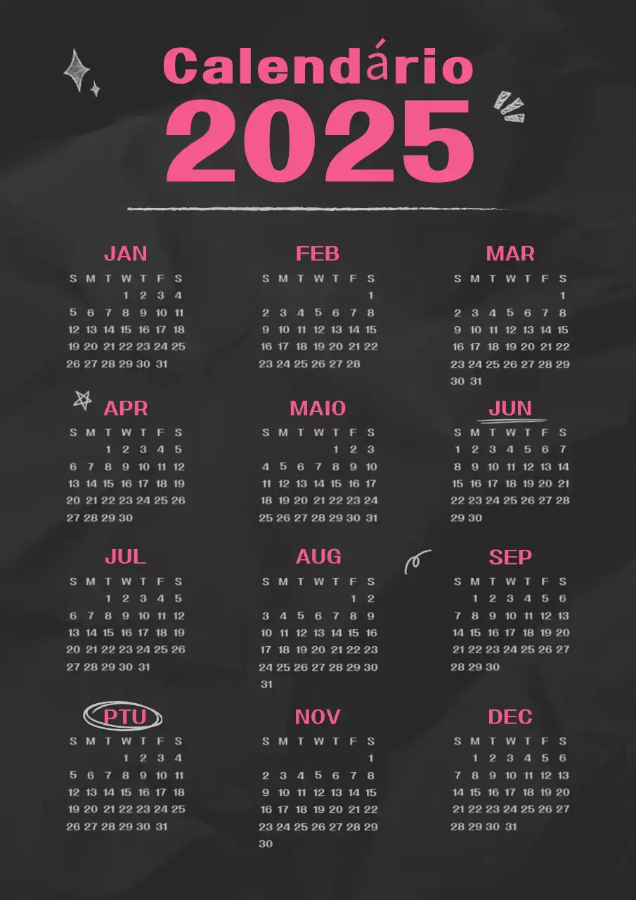 Calendário kitsch desenhado à mão em rosa choque e preto