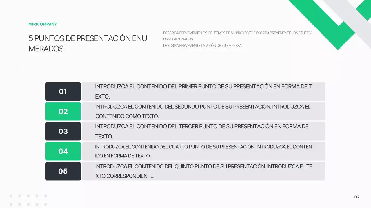 Un sencillo plan de empresa en blanco y verde