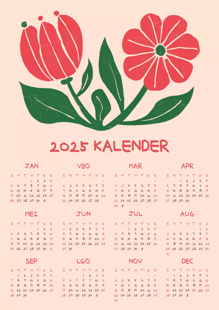 Kitscherige bloemenkalender in rood en roze