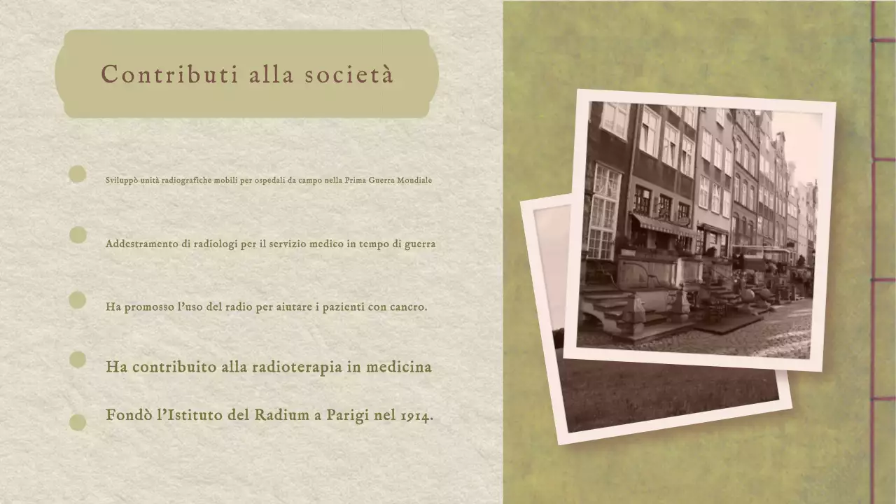 Presentazione classica d'epoca della storia di Marie Curie