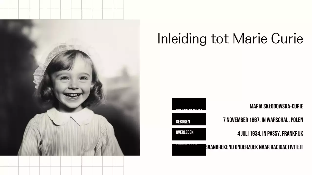 Ontdek het leven van Marie Curie Eenvoudig zwart-beige presentatie