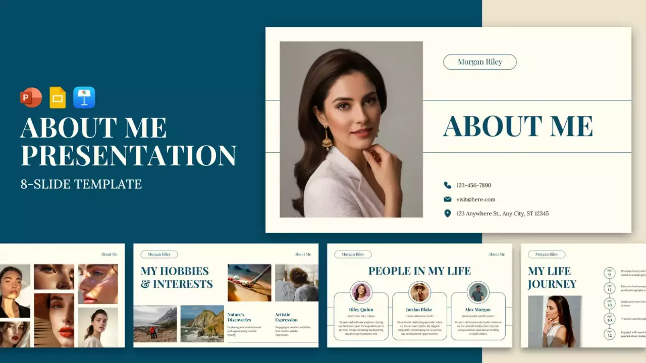 Teal and Beige Modern About Me Introdução