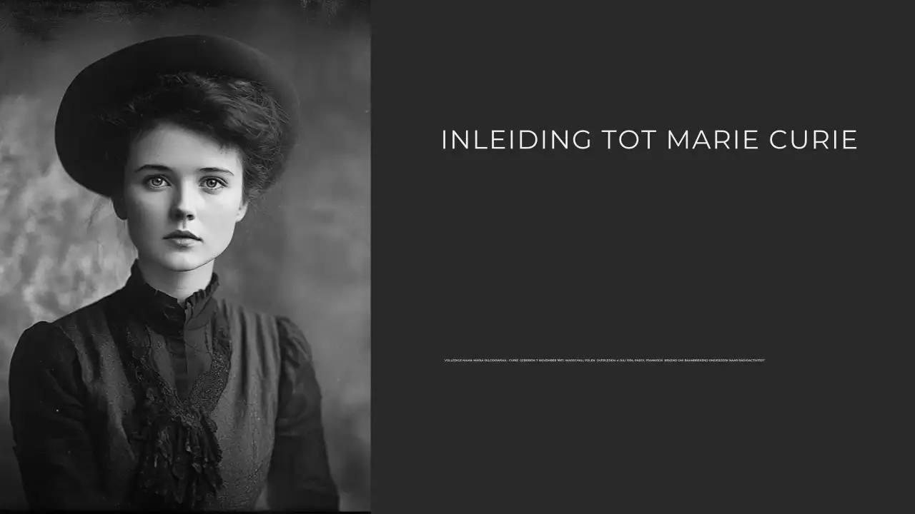 Moderne minimalist onderzoekt het leven van Marie Curie Presentatie