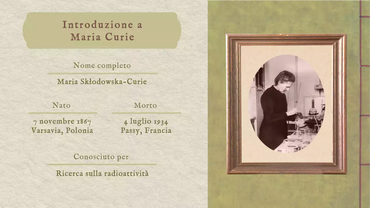 Presentazione classica d'epoca della storia di Marie Curie