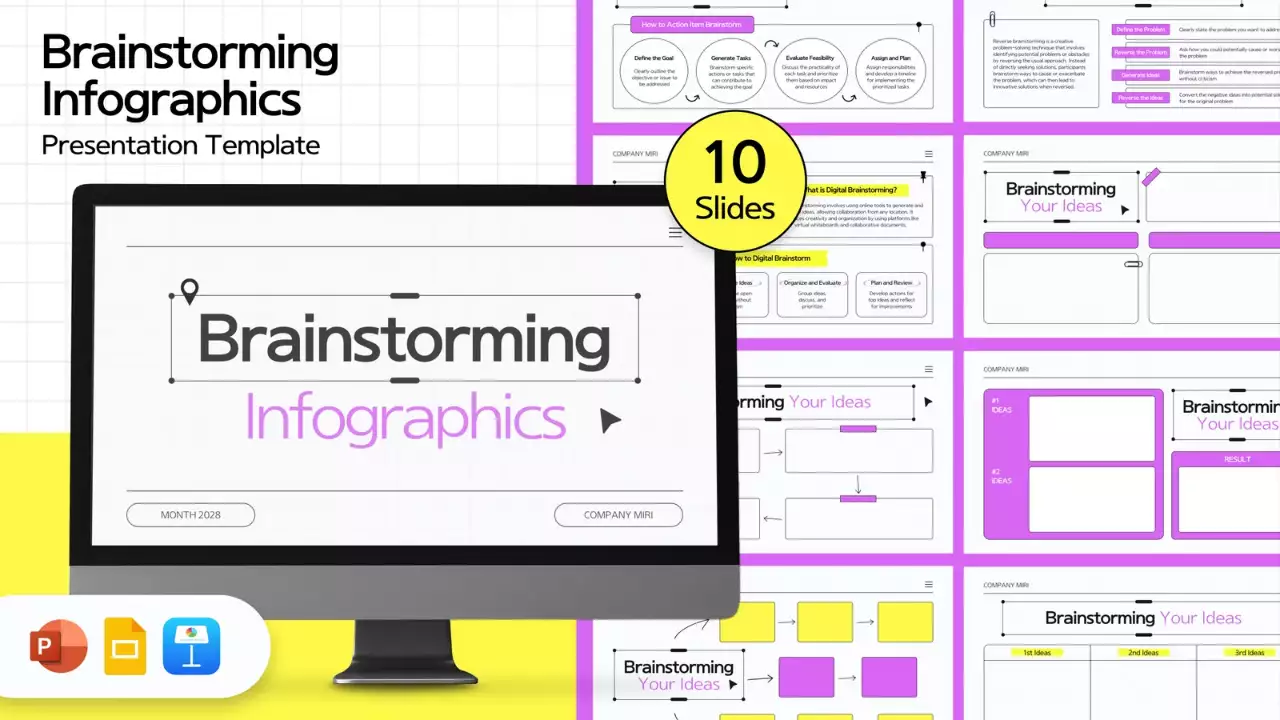 Apresentação da infografia de brainstorming em roxo e branco