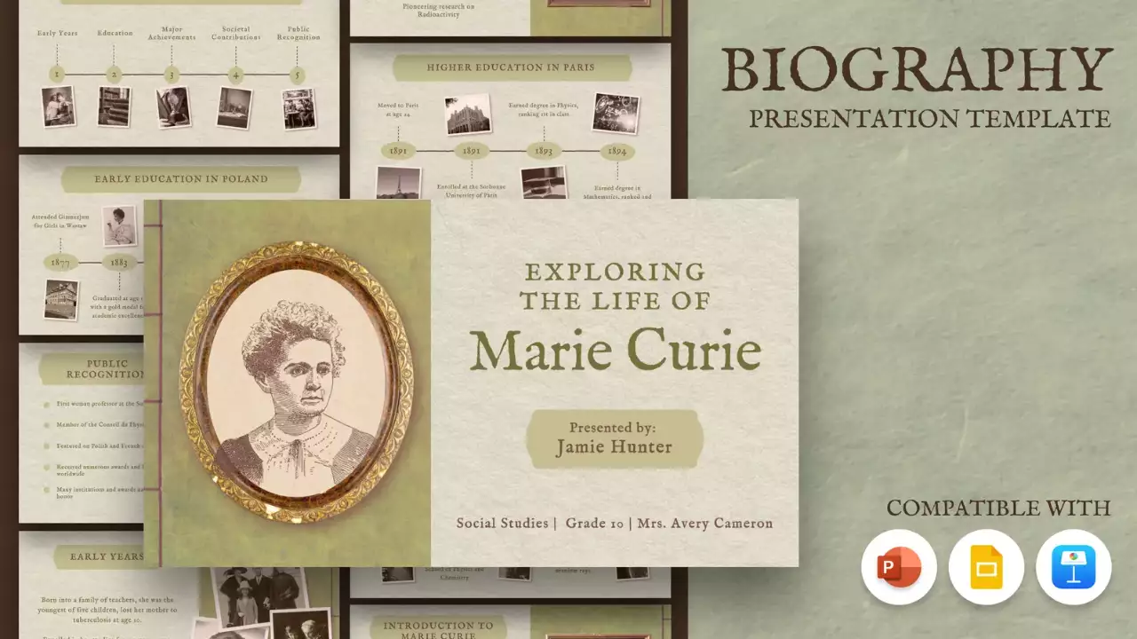 Apresentação clássica vintage da história de Marie Curie