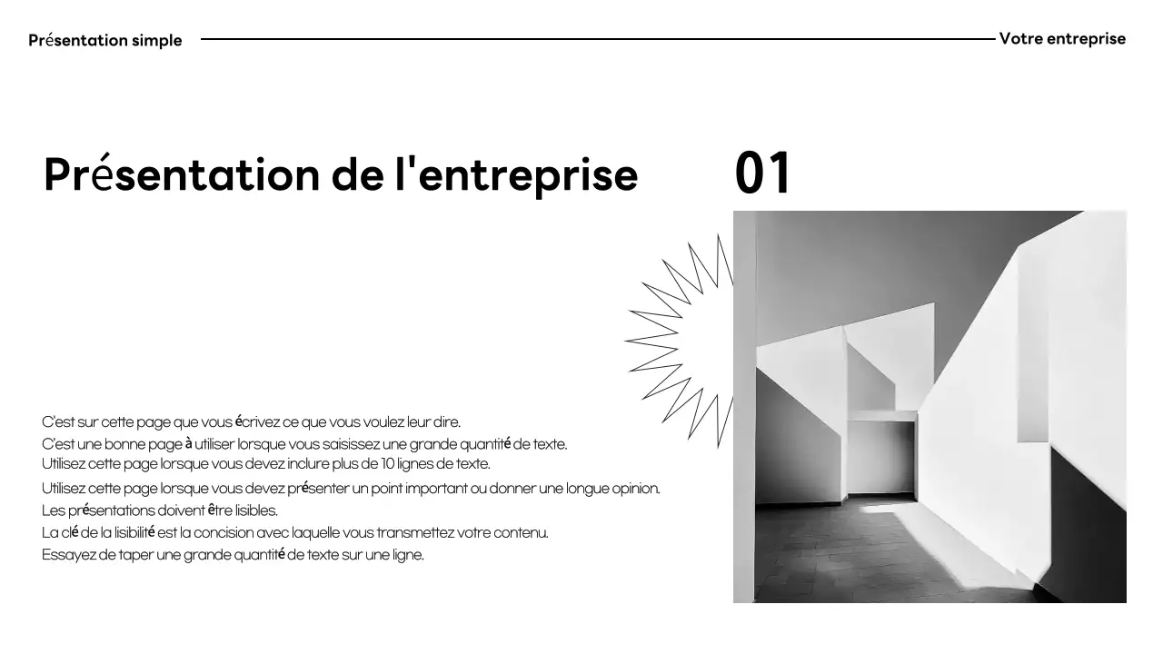 Documentation de présentation minimaliste en noir et blanc