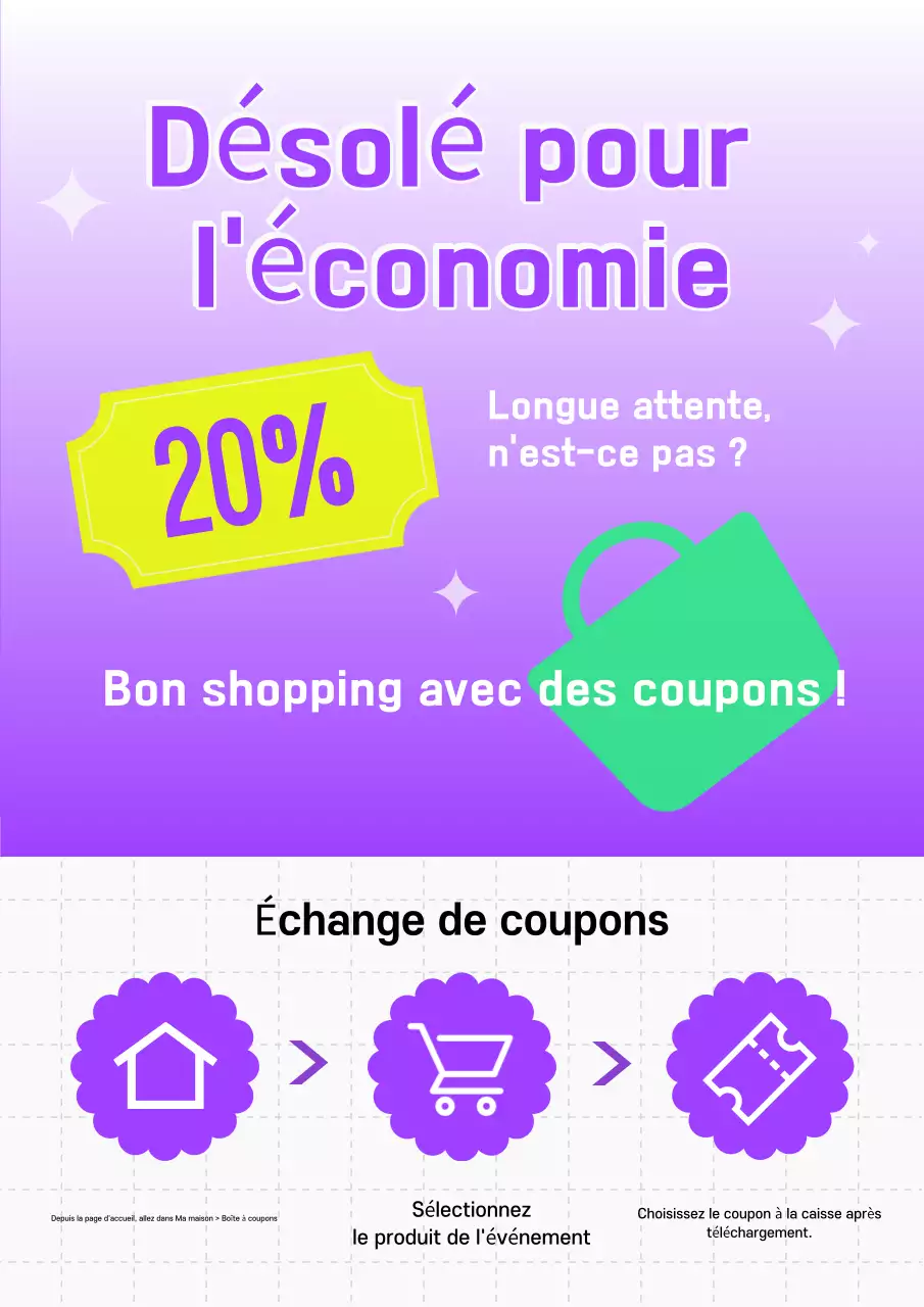 Promouvoir les coupons dans un style jaune et violet.