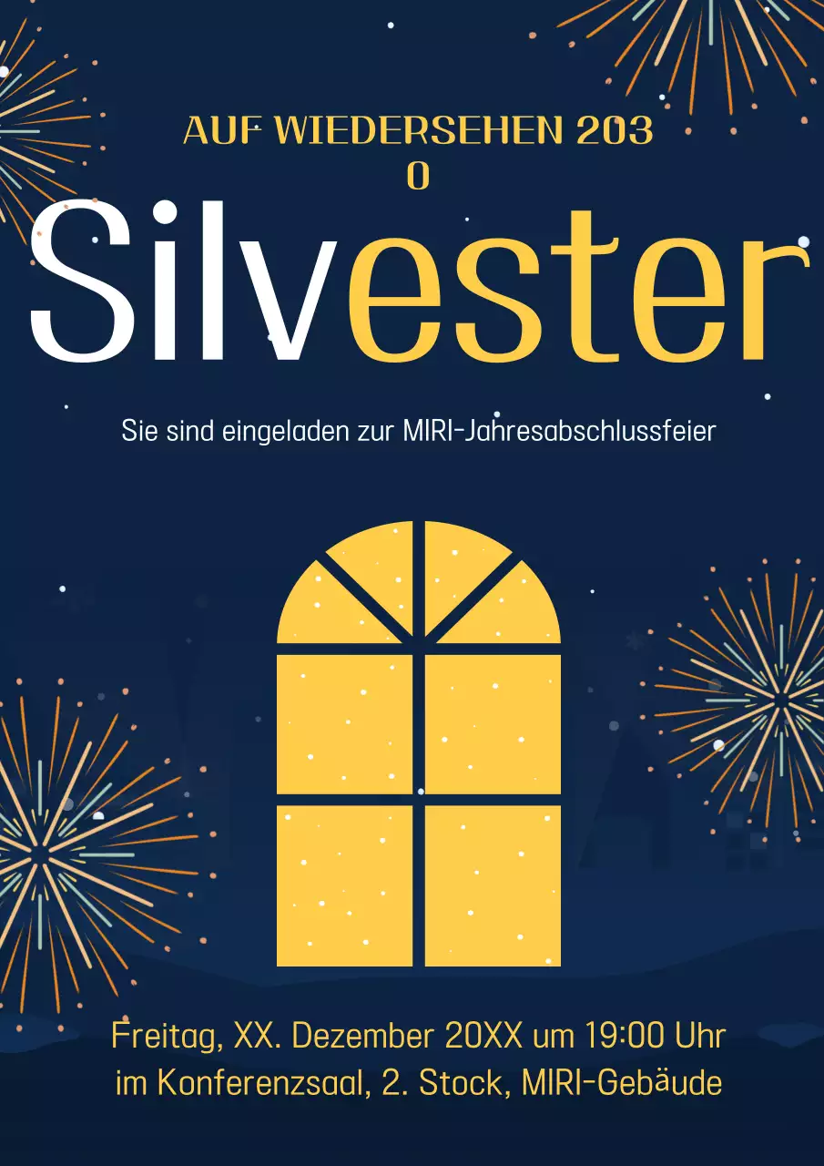 Werbung für eine einfache Silvesterveranstaltung in Marineblau und Gelb