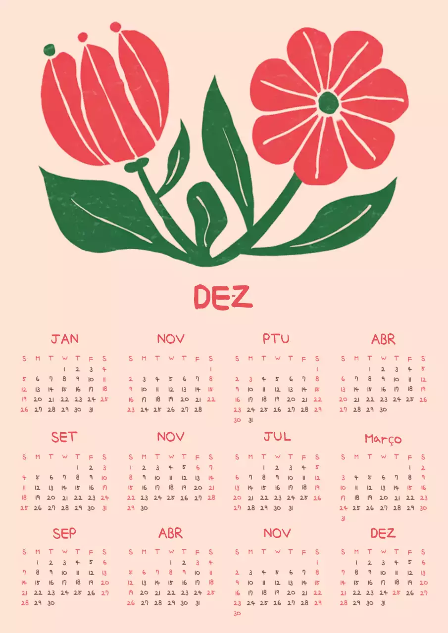 Calendário floral kitsch em vermelho e cor-de-rosa