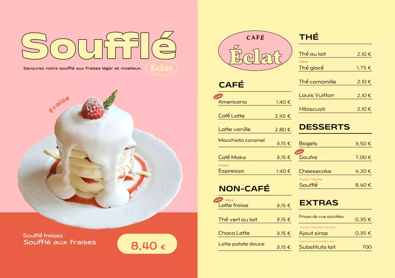 Tableau rose pour le menu des desserts