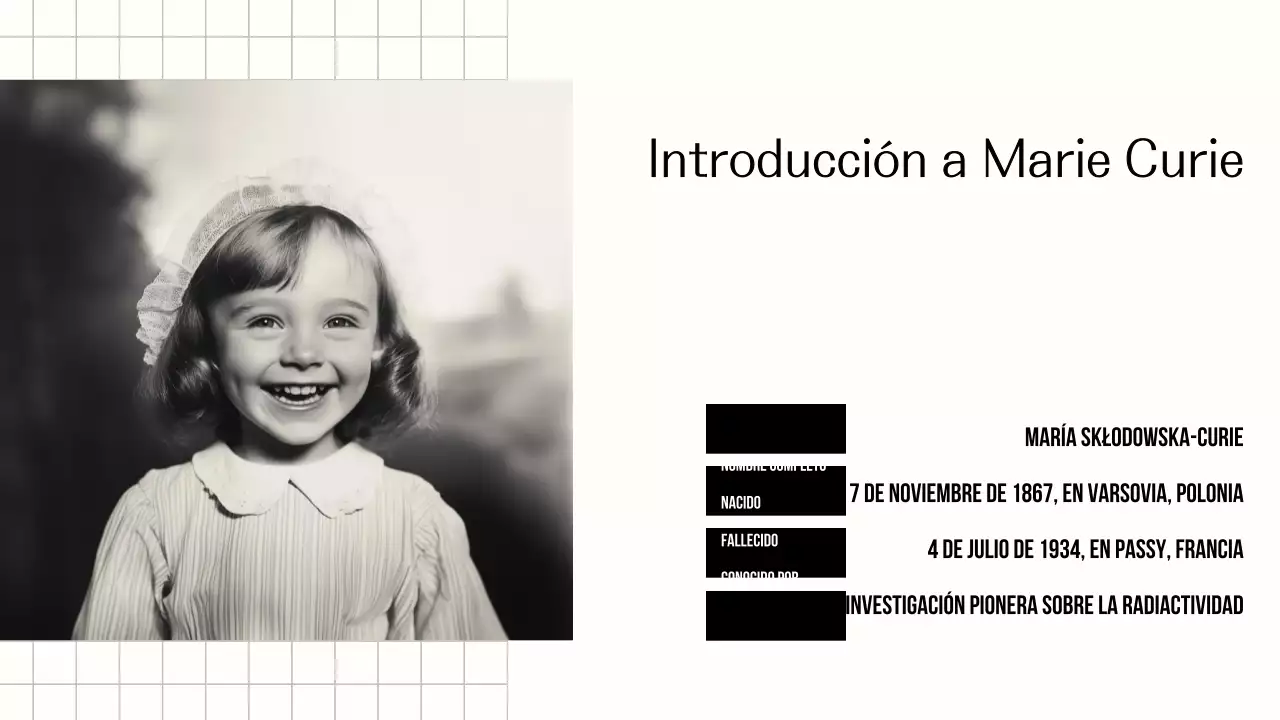 Explorando la vida de Marie Curie Presentación sencilla en negro y beige