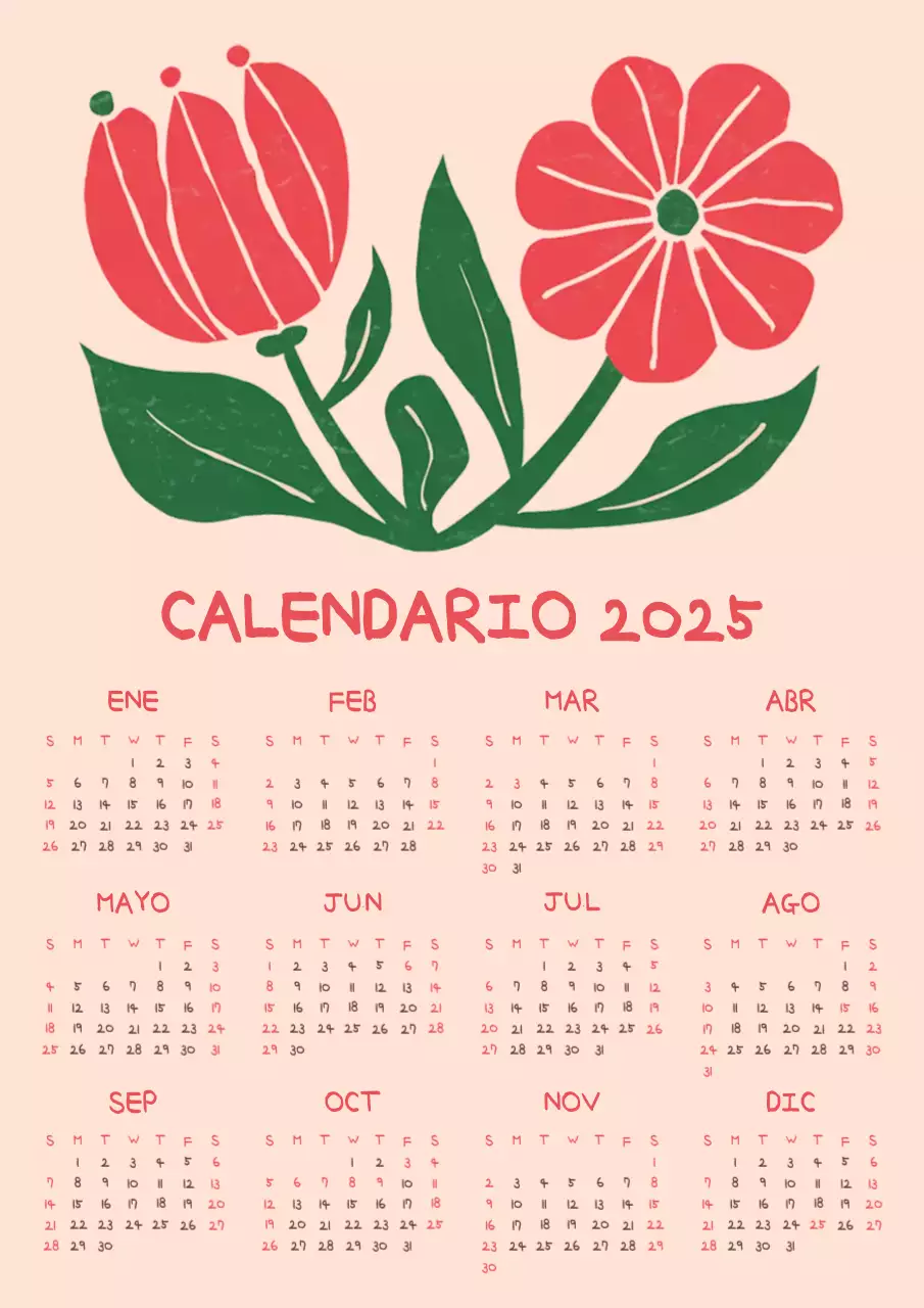 Calendario floral kitsch en rojo y rosa