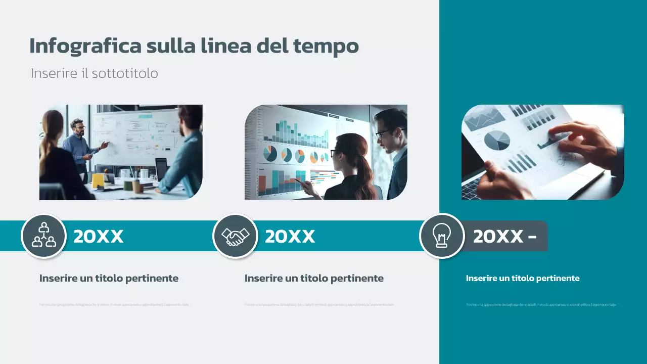 Linea temporale aziendale moderna in verde acqua