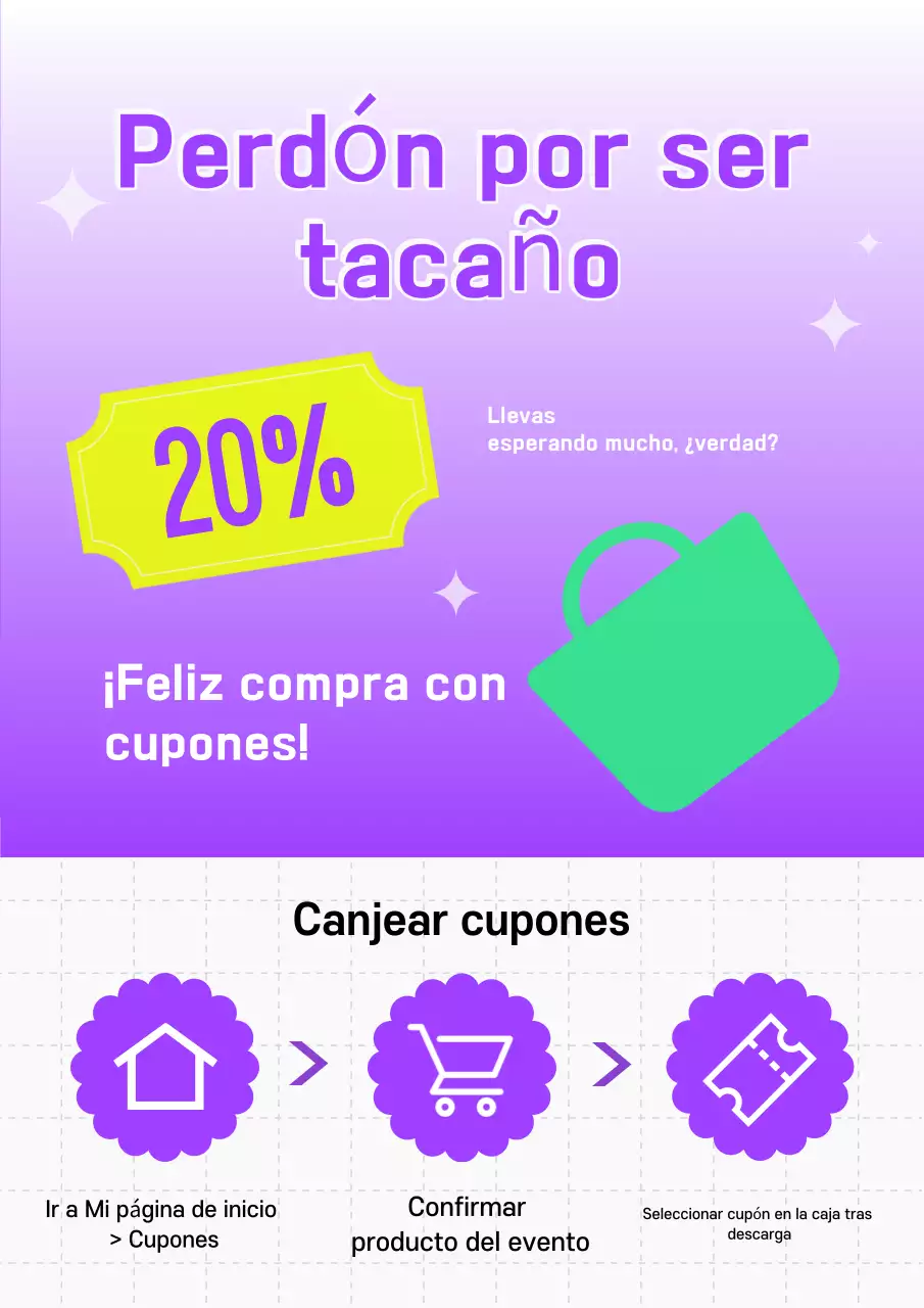 Promocione los cupones con un toque de estilo amarillo y morado