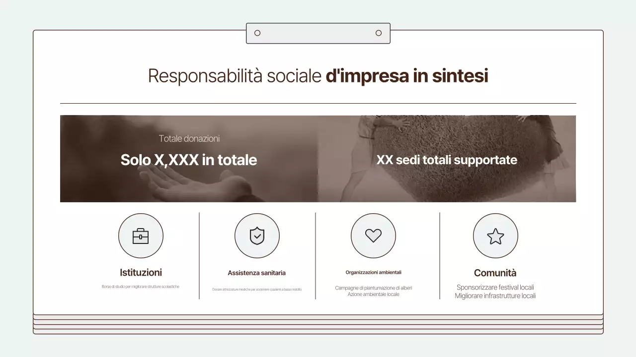 Un rapporto sulla responsabilità sociale d'impresa pulito e di colore azzurro