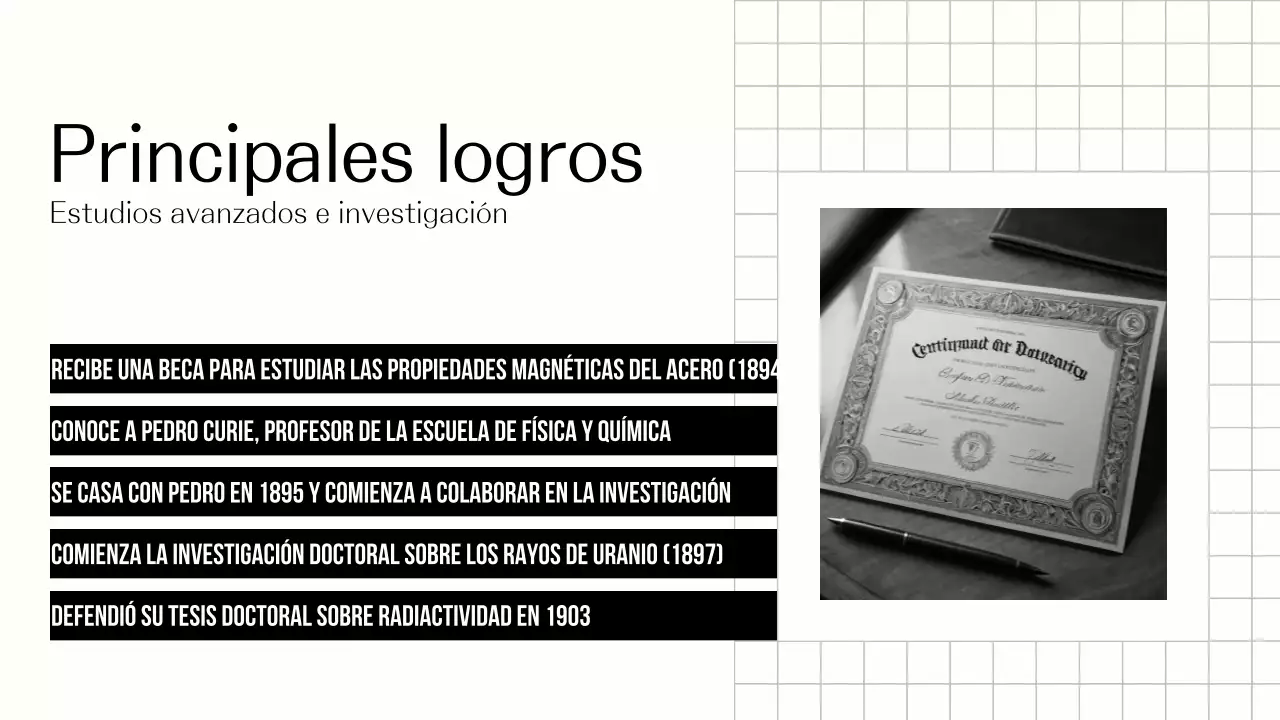 Explorando la vida de Marie Curie Presentación sencilla en negro y beige