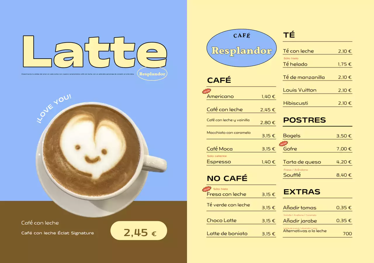 Cartel de menú de cafetería moderna azul