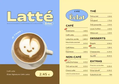 Panneau de menu de café moderne bleu