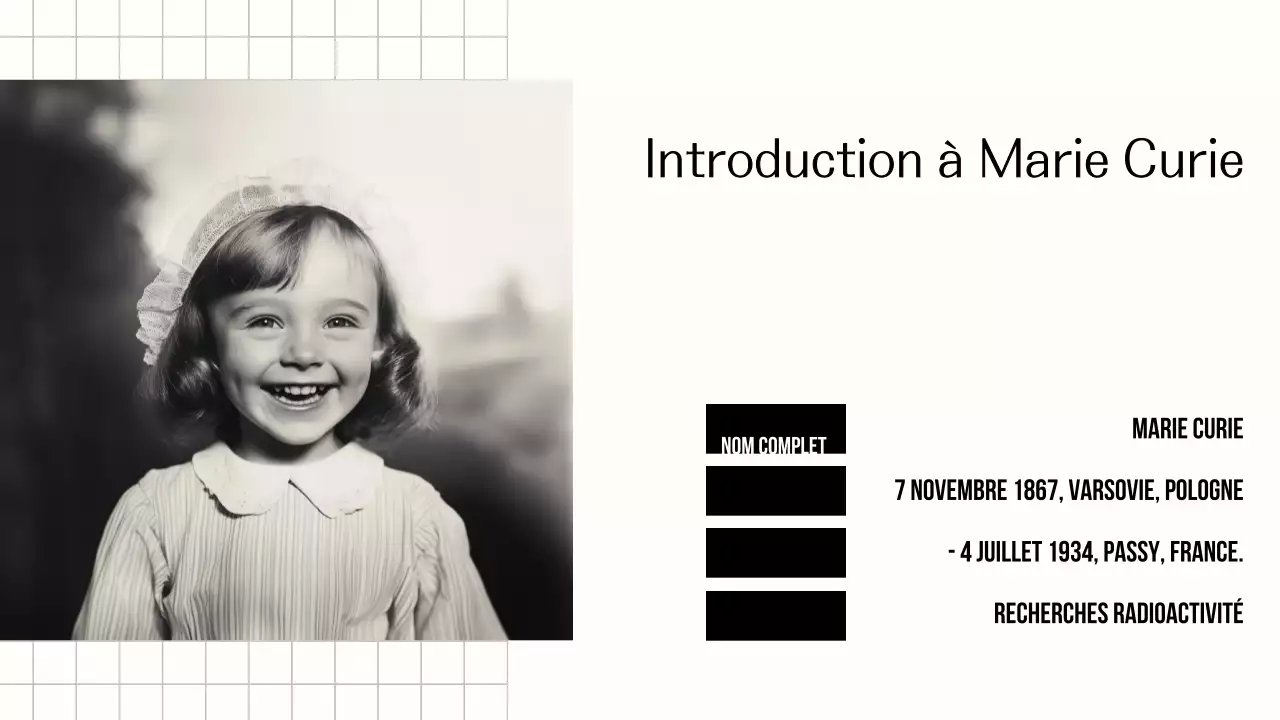 Explorer la vie de Marie Curie Simple Black Beige Presentation