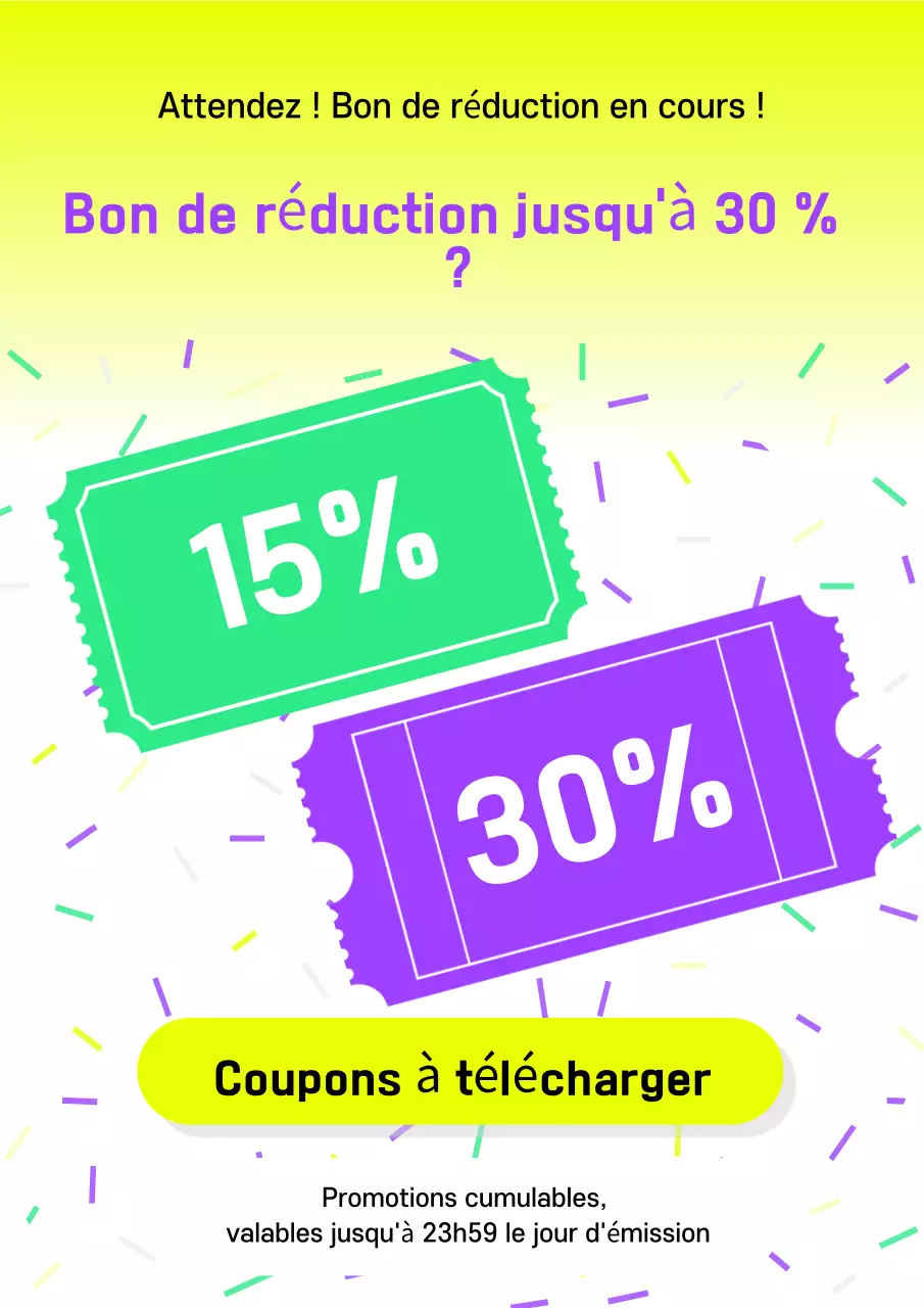 Promouvoir les coupons dans un style jaune et violet.