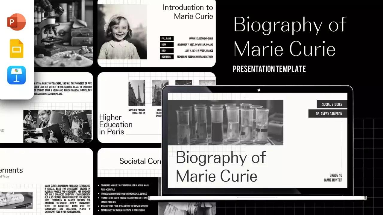 Explorando a vida de Marie Curie Apresentação simples em preto e bege