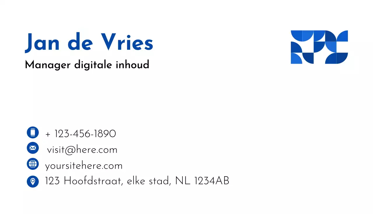 blauw-wit modern visitekaartje digitale content manager