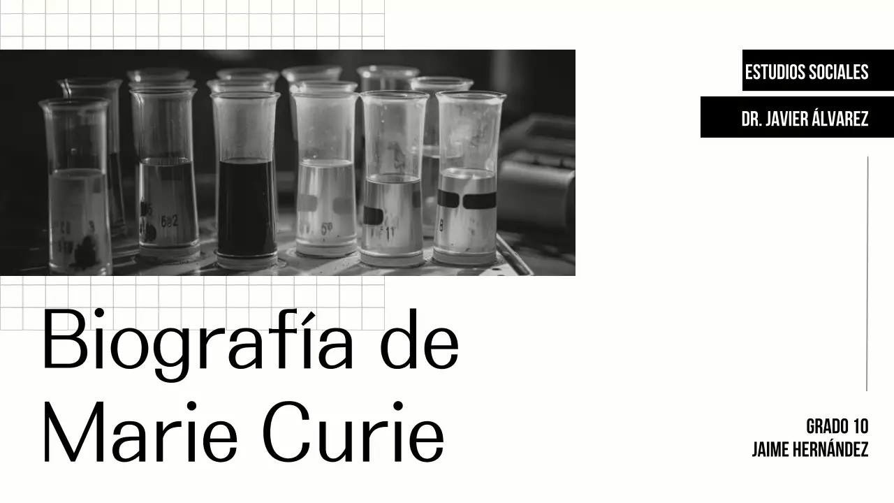 Explorando la vida de Marie Curie Presentación sencilla en negro y beige