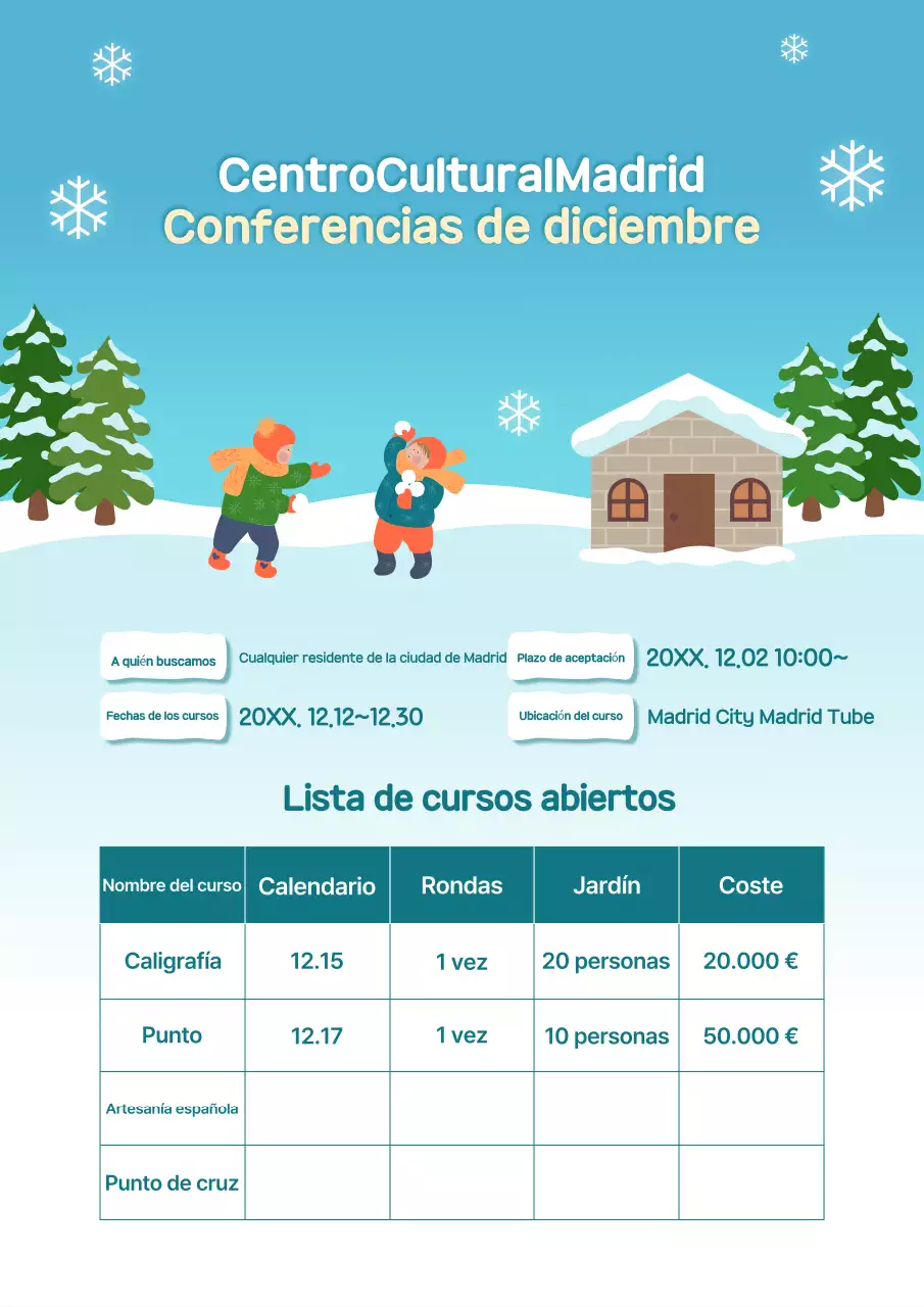 Anuncio de contratación para las conferencias del Centro Cultural Celeste