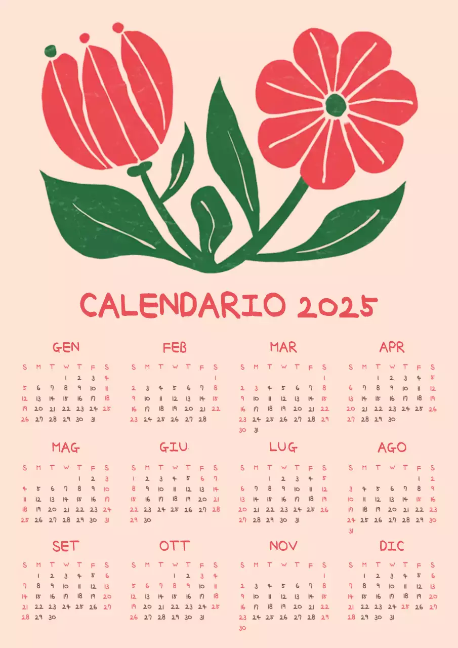 Calendario floreale kitsch in rosso e rosa