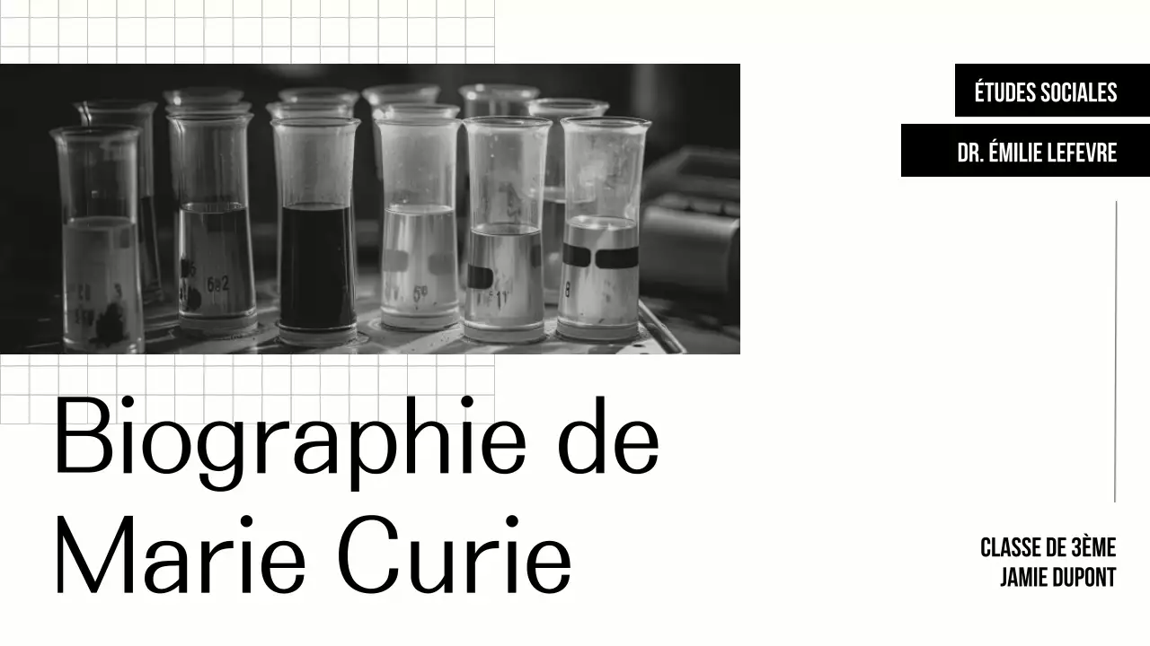 Explorer la vie de Marie Curie Simple Black Beige Presentation