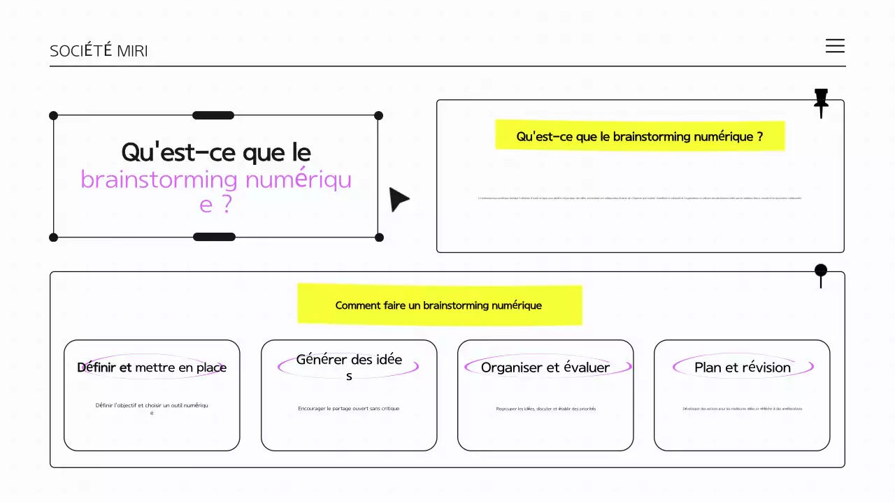Présentation infographique sur le brainstorming en violet et blanc