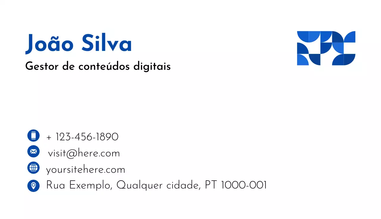cartão de visita moderno azul-branco gestor de conteúdos digitais