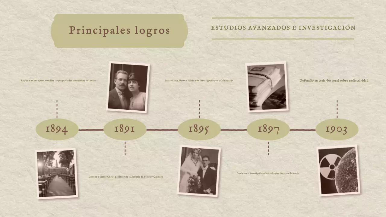Clásica presentación vintage de la historia de Marie Curie
