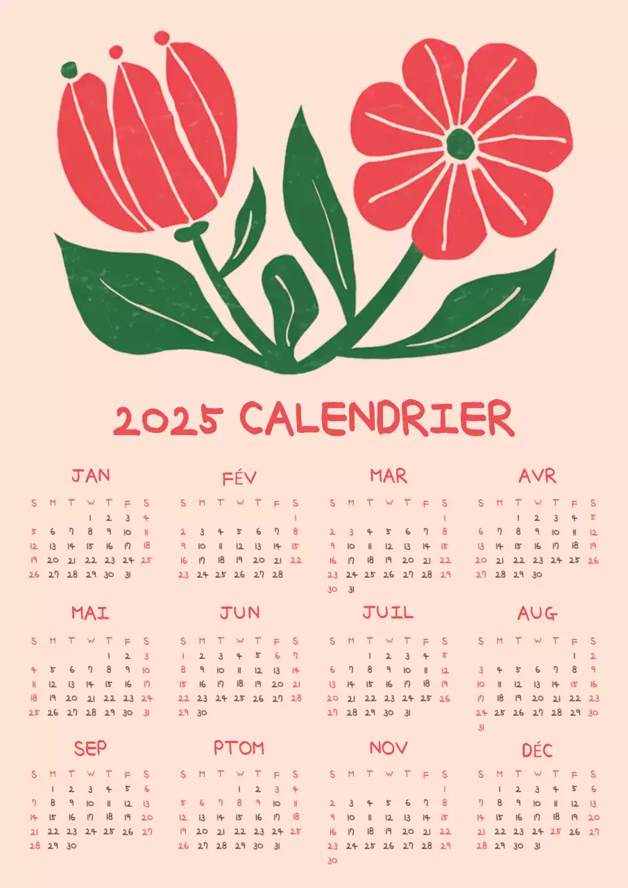 Calendrier floral kitsch en rouge et rose