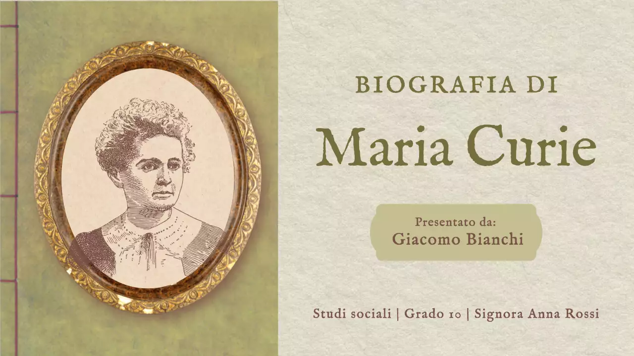 Presentazione classica d'epoca della storia di Marie Curie