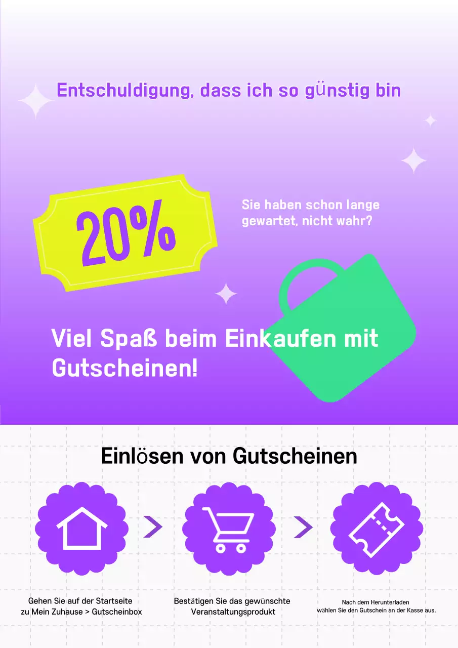 Bewerben Sie Coupons in einem knalligen gelb-lila Stil