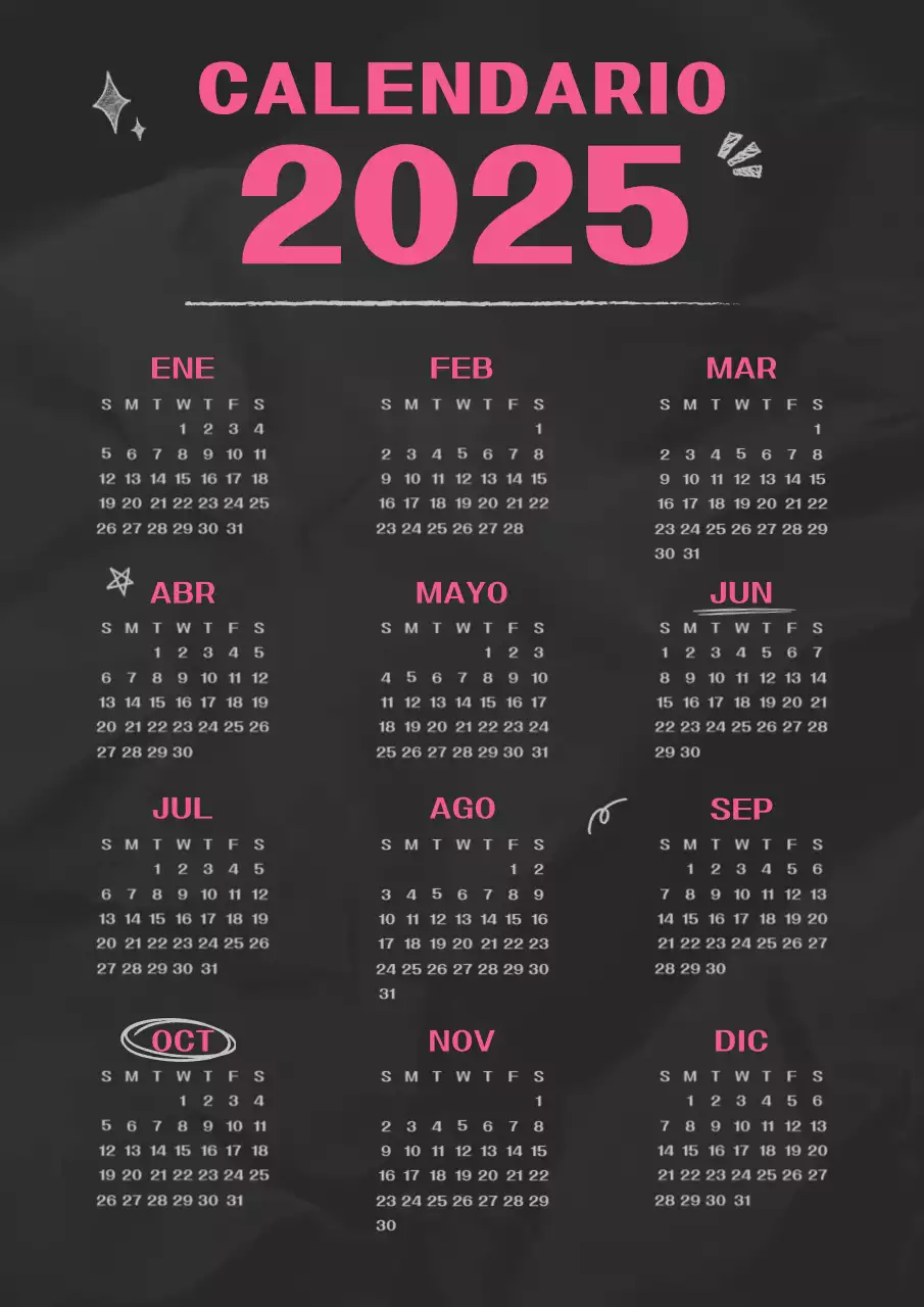 Calendario kitsch dibujado a mano en rosa fuerte y negro
