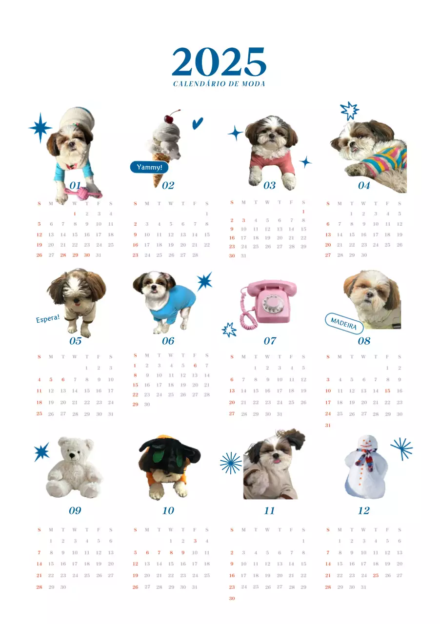 Calendário azul para cachorros adoráveis