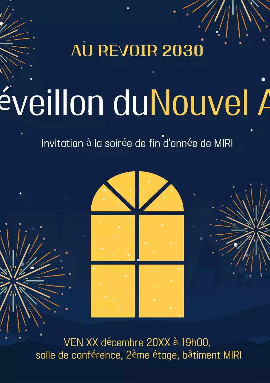 Promouvoir un événement simple de la Saint-Sylvestre en bleu marine et jaune