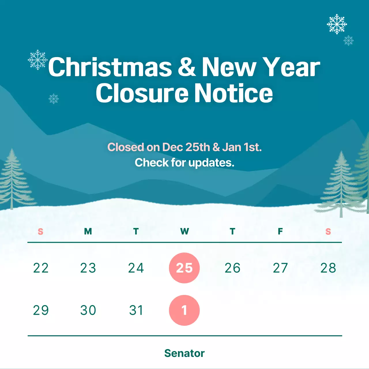 Aviso de feriado simples azul-petróleo Postagem de mídia social