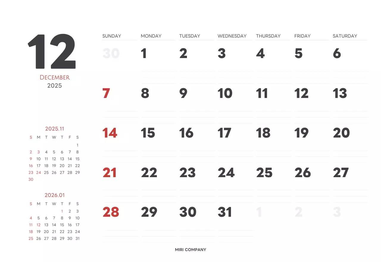 白と黒のシンプルな2025年版数字卓上カレンダー